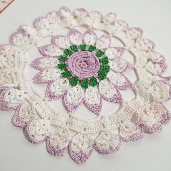 Hand Crocheted Lace Doily Flower Lavender White Green Purple Cotton 10 Inch - Picture 7 of 14